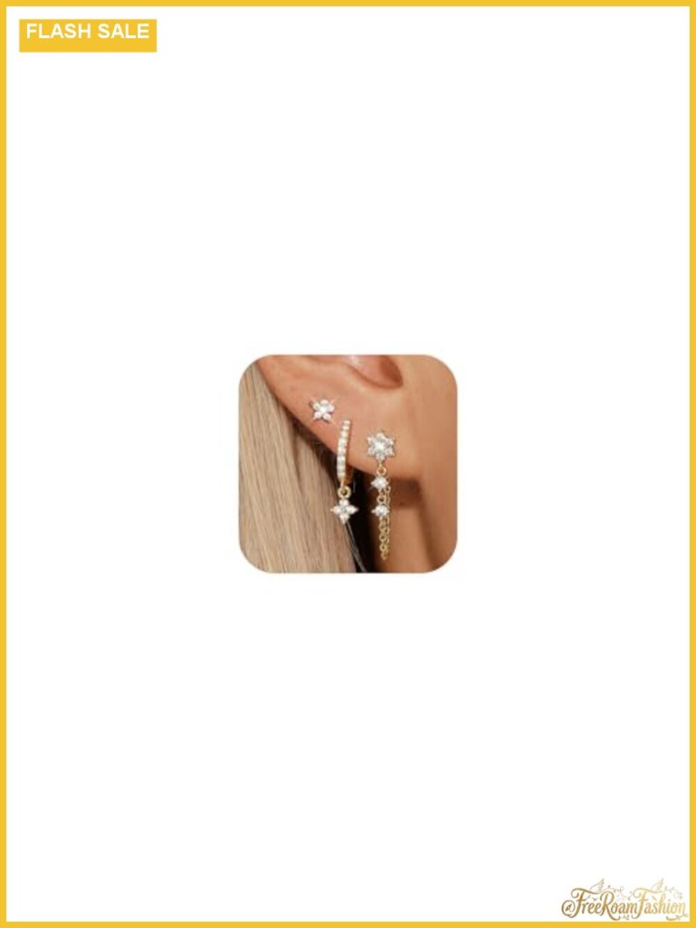 3 Pair Flower Chain Earrings Set for Women 14K Gold Plated Hypoallergenic